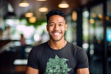 Wall Mural - Headshot portrait photography of a grinning boy in his 30s wearing a casual t-shirt against a bustling cafe background. With generative AI technology