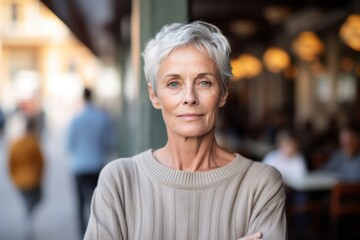 Sticker - Close-up portrait photography of a glad mature girl wearing an elegant long-sleeve shirt against a bustling cafe background. With generative AI technology