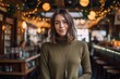 © Markus Schröder - Medium shot portrait photography of a satisfied mature girl wearing a versatile pair of leggings against a lively pub background. With generative AI technology
