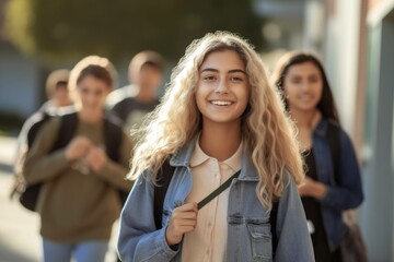 Students walking to school together. AI Generative