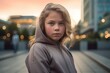 © Markus Schröder - Photography in the style of pensive portraiture of a tender kid female wearing a comfortable tracksuit against a bustling city square background. With generative AI technology