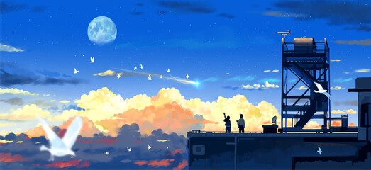 couple sitting on the roof looking eat blue night sky with moon landscape