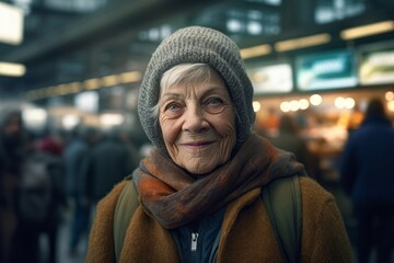 Wall Mural - Conceptual portrait photography of a satisfied old woman wearing a stylish hoodie against a bustling indoor market background. With generative AI technology