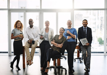 Wall Mural - Laugh, support and portrait of business people in office for diversity, community and happy. Smile, collaboration and solidarity with group of employees for mission, commitment and mindset