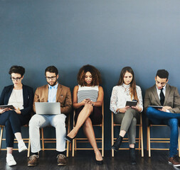 Aufkleber - Business people, hiring and busy before a job interview waiting room and sitting in line. Online communication, technology and staff with diversity and wall background for recruit meeting with mockup