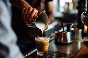 Passionate Small Business Owner Crafting Latte Art Masterpiece. Generative AI.