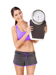 Sticker - Diet, fitness and portrait with woman and scale in png with transparent and isolated background. Goal, training and workout with scales for exercise with happiness for a healthy body with wellness.