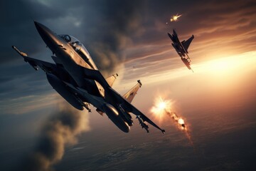 Sticker - Fighter jet fighter in the sky at sunset. 3d rendering, Fighter jet shooting on another fighter jet, AI Generated