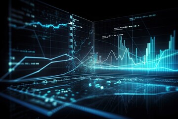 Wall Mural - financial graph and chart on virtual screen, represent stock market analysis. Financial graphs glowing lines and diagrams on digital screen, AI Generated