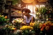 © Dangubic - Passionate Female Owner Arranging Fresh Flowers in Modern Flower Shop. Generative AI.
