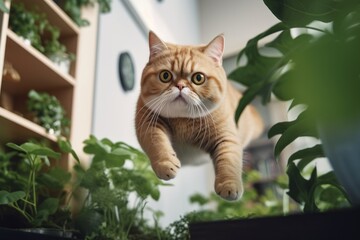 Canvas Print - Medium shot portrait photography of a curious exotic shorthair cat leaping against an indoor plant. With generative AI technology