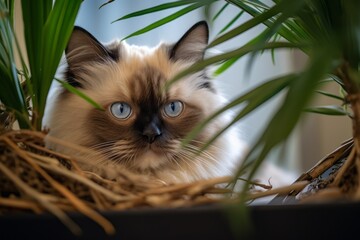 Canvas Print - Environmental portrait photography of a curious himalayan cat skulking against an indoor plant. With generative AI technology