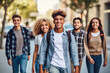 Leinwandbild Motiv Students walking to school together. AI Generative