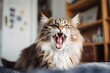 © Markus Schröder - Lifestyle portrait photography of a cute norwegian forest cat growling against a playful childrens room. With generative AI technology