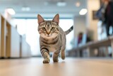 Fototapeta Koty - Lifestyle portrait photography of a cute american shorthair cat hopping against a stylish office space. With generative AI technology