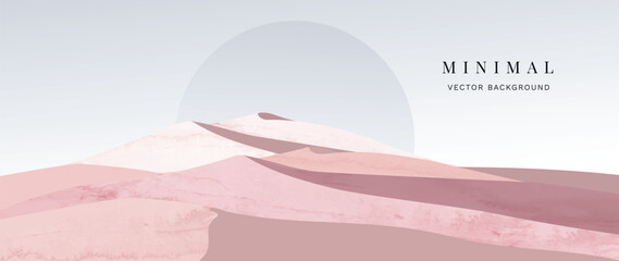 Abstract nature landscape background. Wallpaper in minimal style design with desert, sand, sun, moon, watercolor, gold lines. For prints, interiors, wall art, decoration, covers, and banners