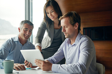 Aufkleber - Tablet, meeting and business woman or manager for website collaboration, leadership management and teamwork. Happy professional boss, clients and people reading, advice or project app on digital tech