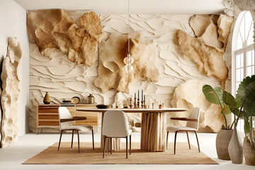 Rustic interior design of modern dining room with stone 3d panel wall. Created with generative AI