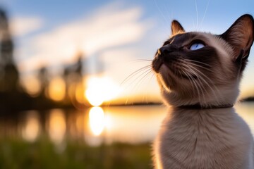 Wall Mural - Lifestyle portrait photography of a happy siamese cat scratching against a captivating sunset. With generative AI technology