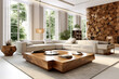 Live edge wooden coffee table near corner sofa. Interior design of modern living room in farmhouse. Created with generative AI
