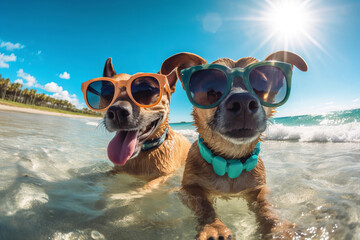 two dogs are taking selfies on a beach earing sunglasses, sunny day with blue water.