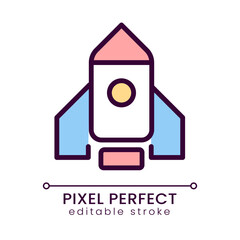 Sticker - Rocket pixel perfect RGB color icon. Launch new product and project. Start marketing campaign. Startup. Isolated vector illustration. Simple filled line drawing. Editable stroke. Poppins font used