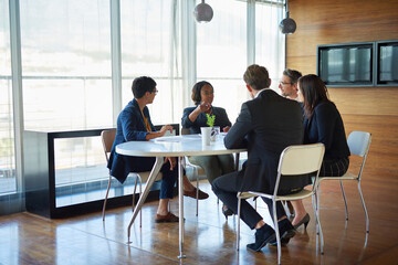 Aufkleber - Executive, talking and business people in a meeting for planning, discussion and legal communication. Teamwork, collaboration and lawyers in a workshop or speaking about a law project together