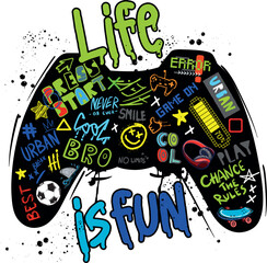 Sticker - Typography gamer print with joystick. For boys graphic tees