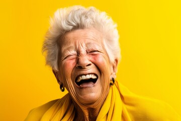 Wall Mural - Medium shot portrait photography of a glad old woman winking against a bright yellow background. With generative AI technology