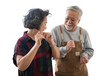 Asian mature senior couple is dancing and smiling in kitchen at home. isolated white background, remove background