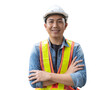 Portrait of Asian man engineer at building site looking at camera. Male construction manager wearing white helmet and yellow safety vest isolated white background, remove background