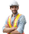 Portrait of man engineer at building site looking at camera. Male construction manager wearing white helmet and yellow safety vest isolated white background, remove background