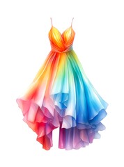 Wall Mural - Colorful rainbow female dress isolated on white background in watercolor style. Generative AI.