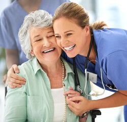 nurse, senior woman and happy hug of caregiver and smile with support and care in hospital. wheelcha
