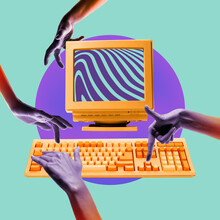 Human Hands Typing On Vintage Computer Against Mint Background. Business, News, Ad. Contemporary Art Collage. Concept Of Retro And Vintage Style, Inspiration, Past, Nostalgia, Creativity