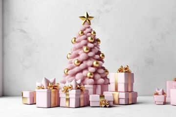 Pink christmas tree and pink gift boxes with golden bows on white background. Generative AI