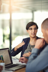 Aufkleber - Meeting, graphs and business people on laptop screen for data analysis, financial revenue report or b2b advice. Increase, accounting stats or finance sales of accountant woman and clients on computer