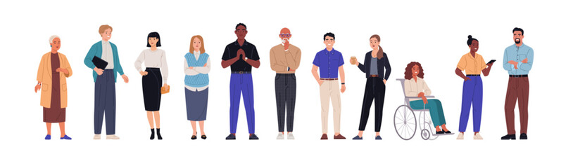 Fototapete - Business team. Vector illustration of diverse cartoon men and women of various ethnicities, ages, and body types in office outfits. Isolated on white.