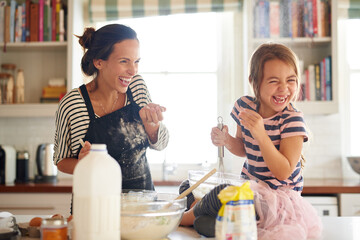 Sticker - Mother, play or child baking in kitchen as a happy family with an excited girl learning cookies recipe. Cake, daughter laughing or funny mom helping or teaching kid to bake with smile for development