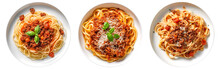 Pasta Spaghetti Bolognese On White Bowl, Top View With Transparent Background, Generative AI Technology