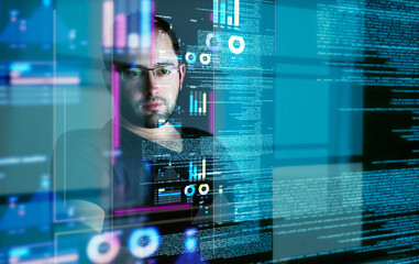 focus, programming man with hologram, code and futuristic with cyber security, digital software and 