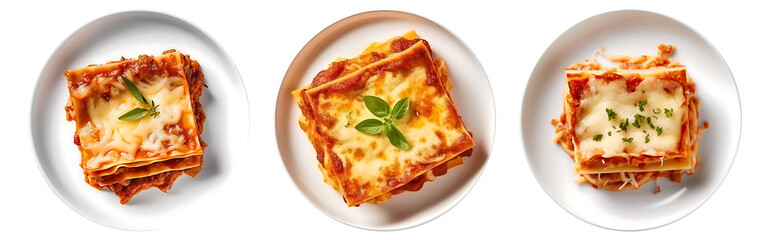 tasty hot lasagna served with a basil leaf on white bowl, top view with transparent background, gene