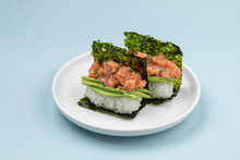 Portion Of Japanese Hand Rolls With Salmon And Avocado
