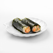 Isolated Uncut Shrimp Maki Sushi Rolls On White Background