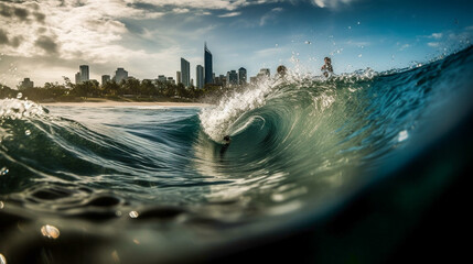 Waves breaking at Burleigh Heads on the Gold Coast with the Surfers Paradise skyline in the background