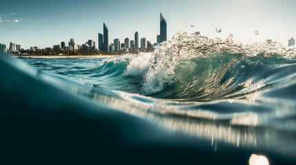 Waves breaking at Burleigh Heads on the Gold Coast with the Surfers Paradise skyline in the background