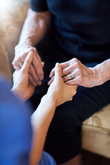 Wall Mural - Holding hands, senior person and nurse in support, healthcare service and medical hope, helping or empathy. Professional, nursing and retirement of elderly patient, people or doctor for together sign