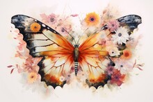 Butterfly In Flowers Double Exposure Illustration - Generative AI.