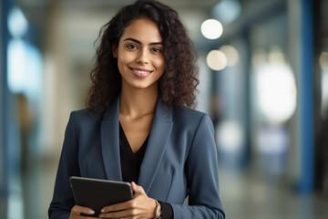 Poster - A professional woman stands in a stylish office holindg. Image ai generate. Generative AI