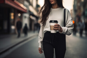 Poster - a business woman in shorts and a shirt walking through the city with a cup of coffee in her hand.. Image ai generate. Generative AI